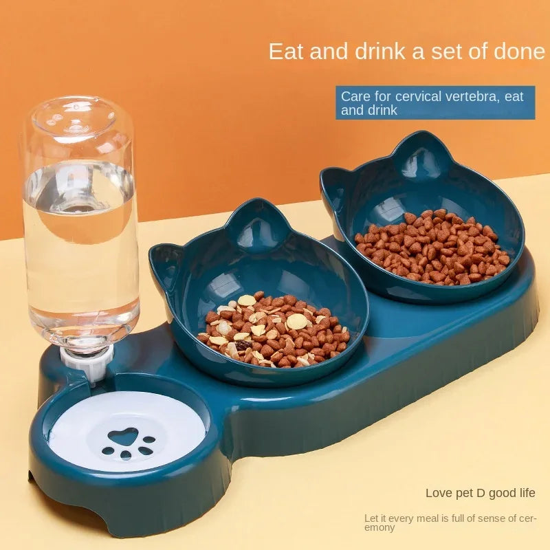 Triple Cat Bowls Pet Feeder, 2-in-1 Double Bowls with Automatic Drinking Bottle, Tilted and Rotatable Design for Cats and Dogs