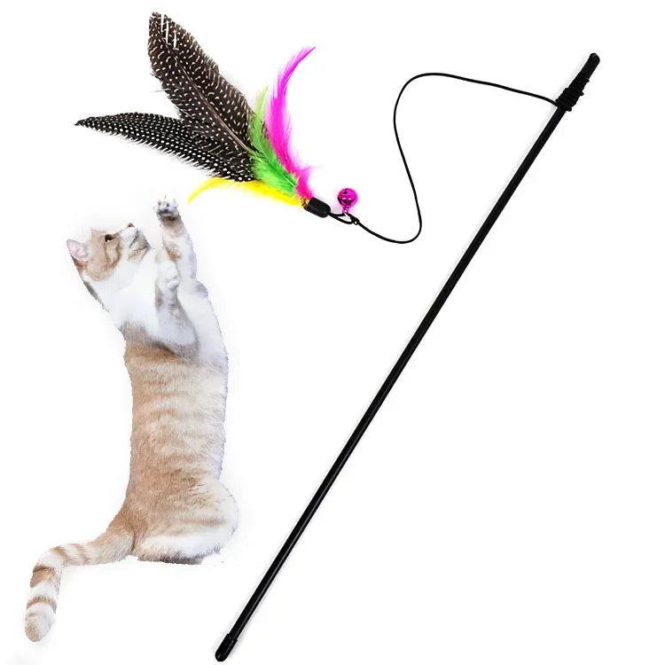 Funny Kitten Cat Teaser Interactive Toy Rod with Bell and Feathe