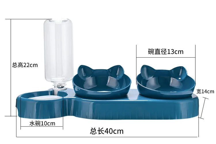 Triple Cat Bowls Pet Feeder, 2-in-1 Double Bowls with Automatic Drinking Bottle, Tilted and Rotatable Design for Cats and Dogs