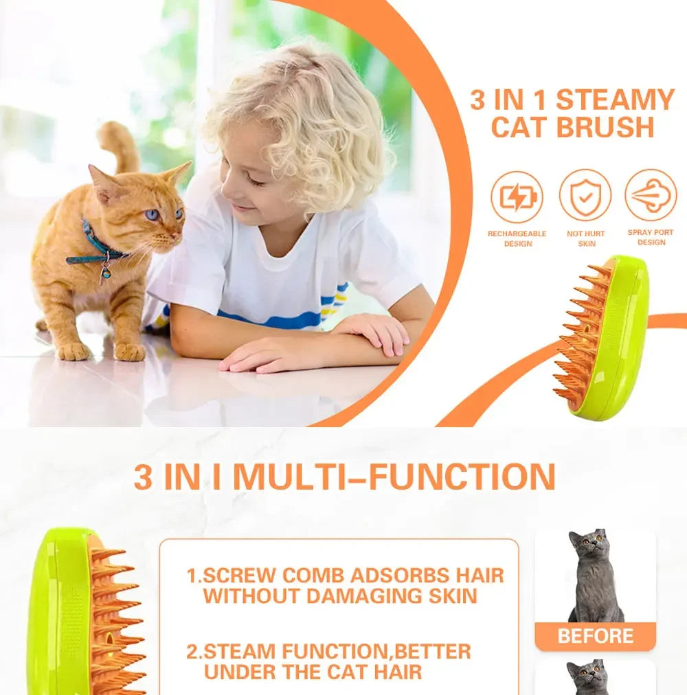 Electric Steamy Brush for Cat and Dog, Steam Brush for Massage, Pet Grooming Tools, 3 in 1