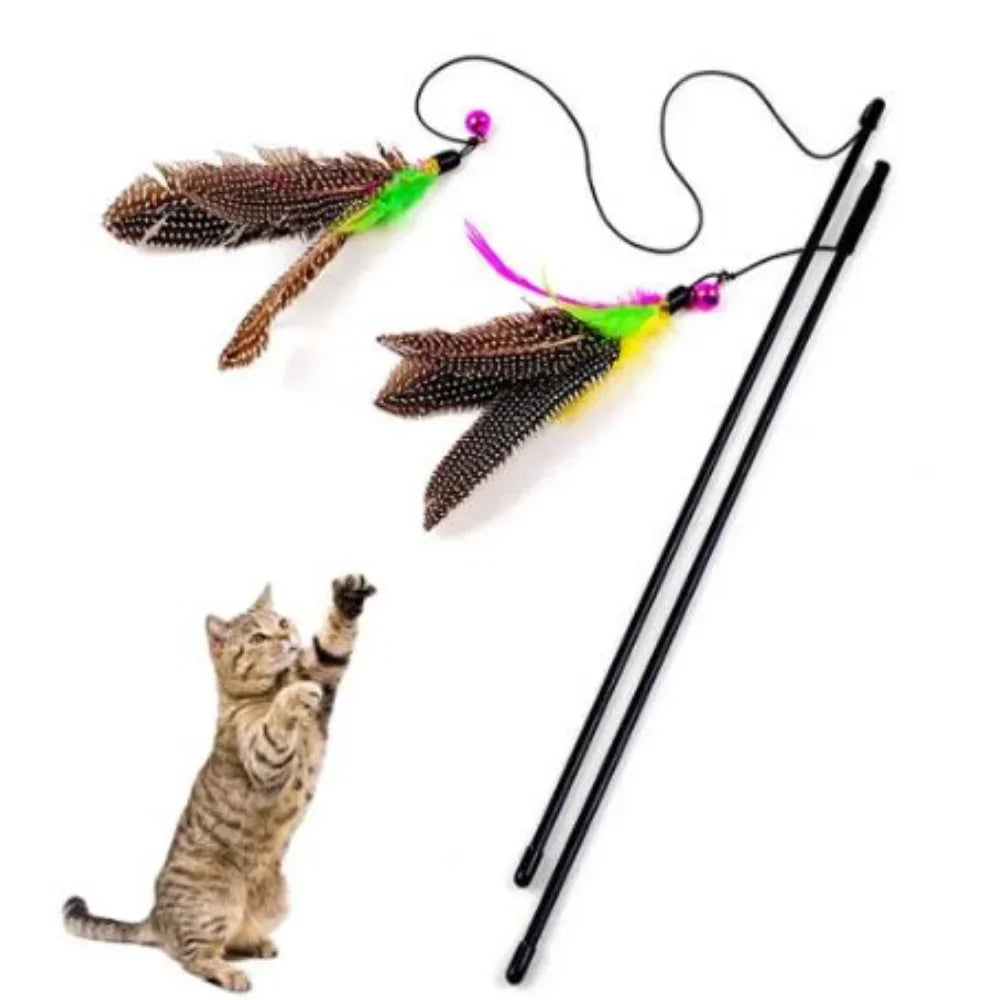 Funny Kitten Cat Teaser Interactive Toy Rod with Bell and Feathe