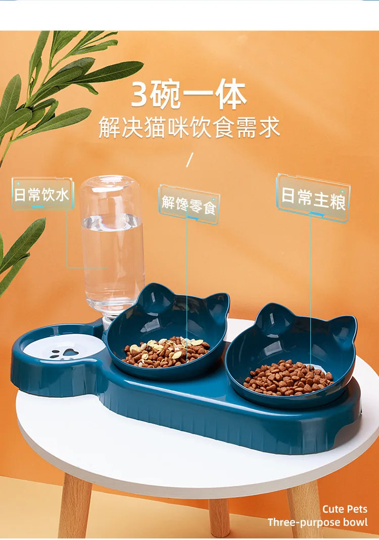 Triple Cat Bowls Pet Feeder, 2-in-1 Double Bowls with Automatic Drinking Bottle, Tilted and Rotatable Design for Cats and Dogs