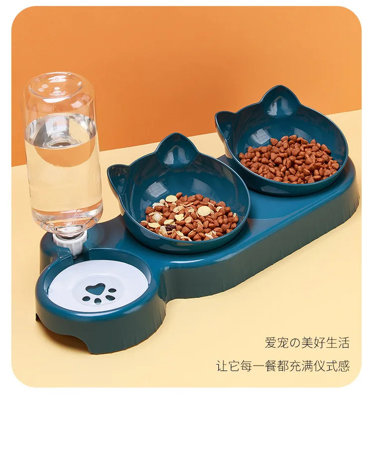 Triple Cat Bowls Pet Feeder, 2-in-1 Double Bowls with Automatic Drinking Bottle, Tilted and Rotatable Design for Cats and Dogs