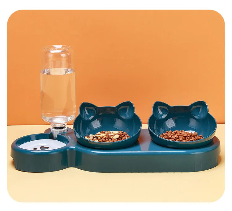 Triple Cat Bowls Pet Feeder, 2-in-1 Double Bowls with Automatic Drinking Bottle, Tilted and Rotatable Design for Cats and Dogs